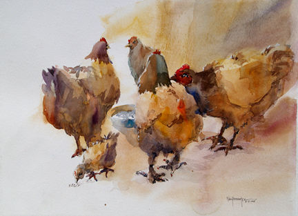 Gallinas comiendo /Acuarela