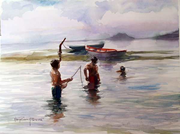 Niños en Lago de Ilopango / Acuarela