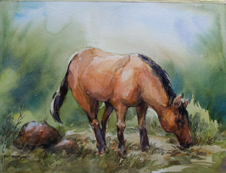 Caballo pastando /acuarela / milton Pocasangre