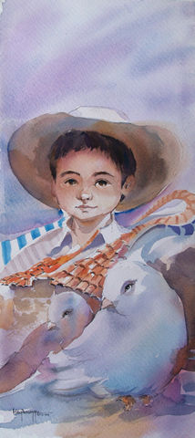 Niño y palomas/ acuarela/ Milton Pocasangre