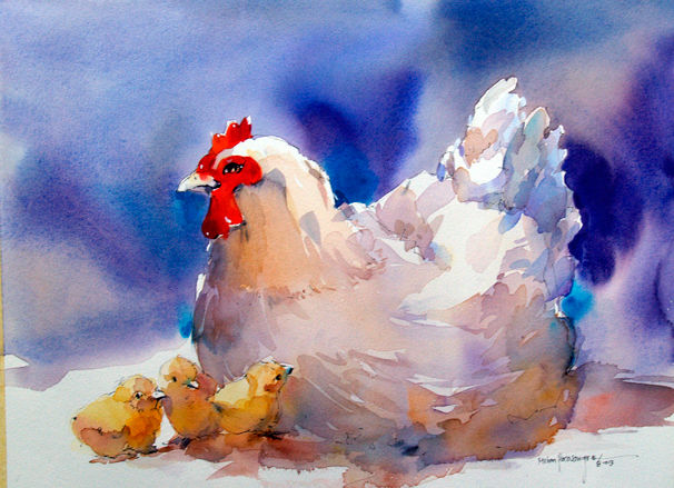 Milton Pocasangre
Gallina con polluelos
Acuarela