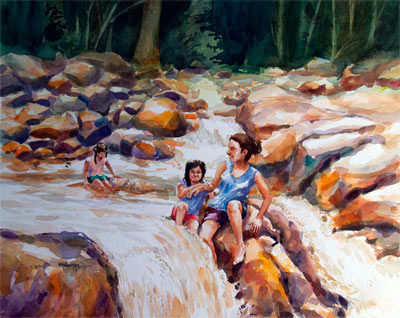 Juagando en el Rio/ Acuarela