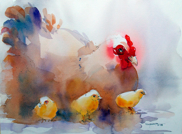 Milton Pocasangre
Gallina con polluelos II
Acuarela