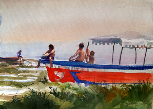 Niños en lancha II Lago de ilopango/ Acuarela