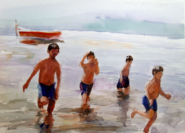 Niños en el lago de Ilopango / Acuarela