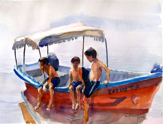 Niños en lancha Lago de ilopango/ Acuarela