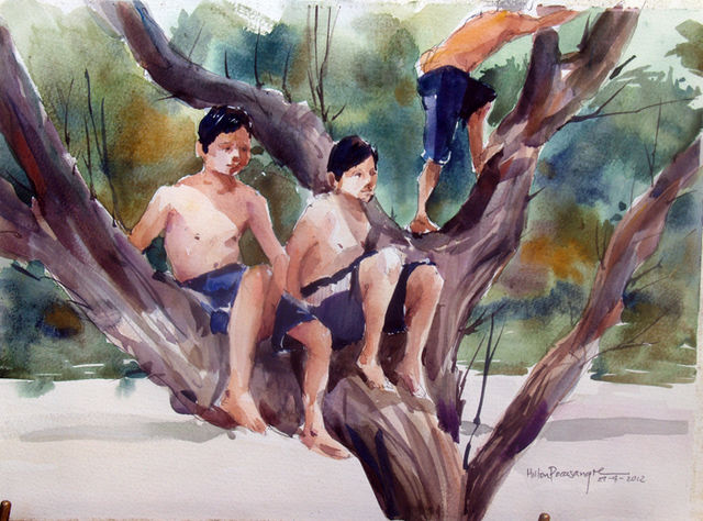 Niños en el árbol / Acuarela